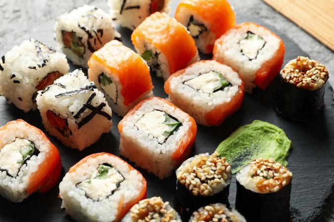 Delicious sushi rolls, close up. Japanese food