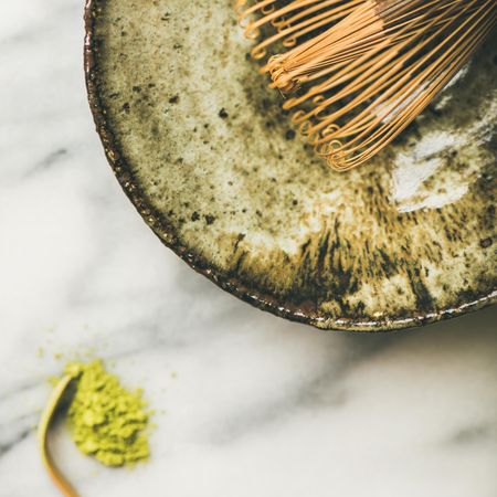 Flat-lay of Japanese tools for brewing matcha tea