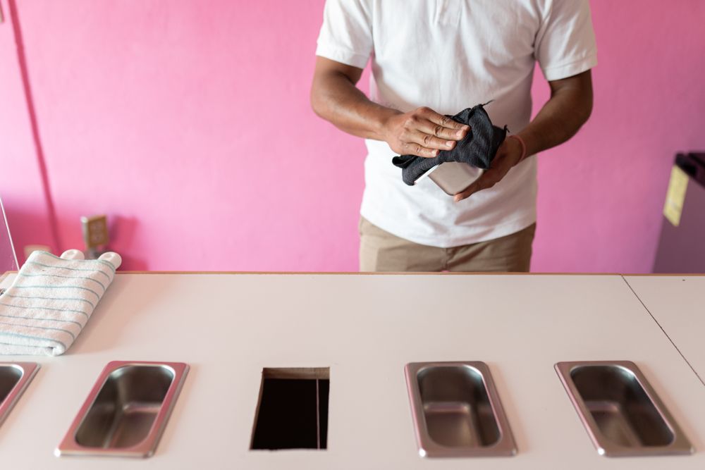 An ice-cream parlor worker is cleaning a metal flavor tray with a cleaning cloth before opening