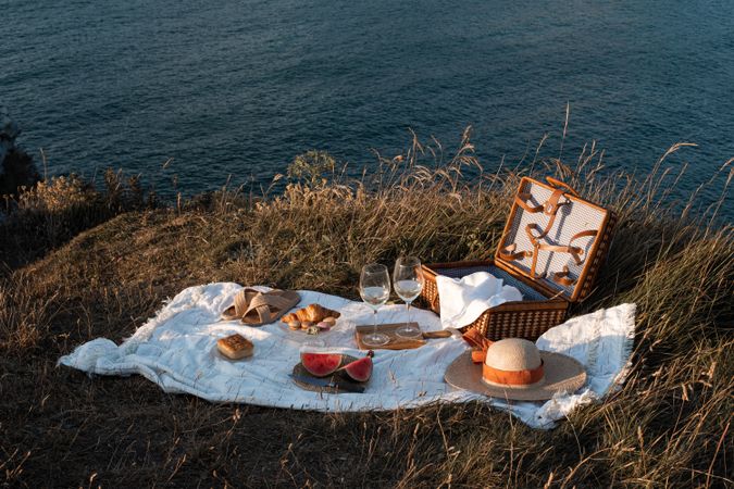 Picnic mat with romantically set near sea and mountains