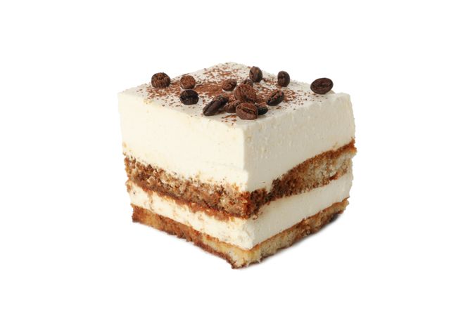 Sweet tiramisu isolated on light background. Tasty dessert