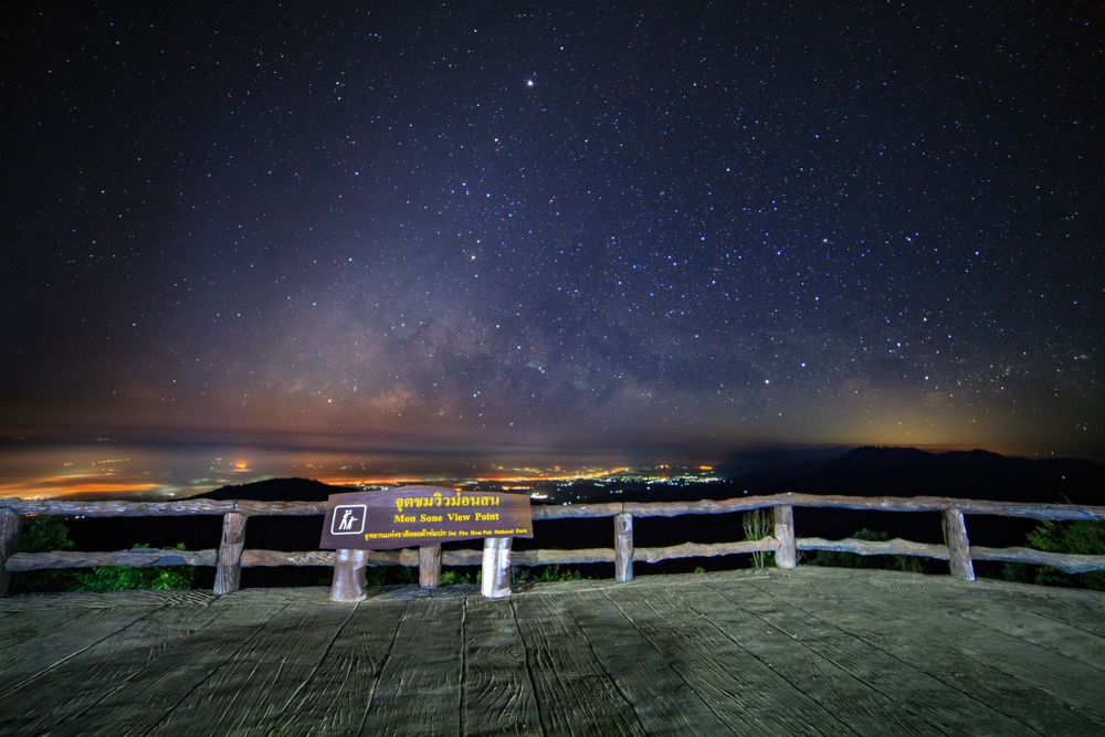 Starry night sky at Monson viewpoint Doi AngKhang and milky way galaxy with stars and space dust in the universe