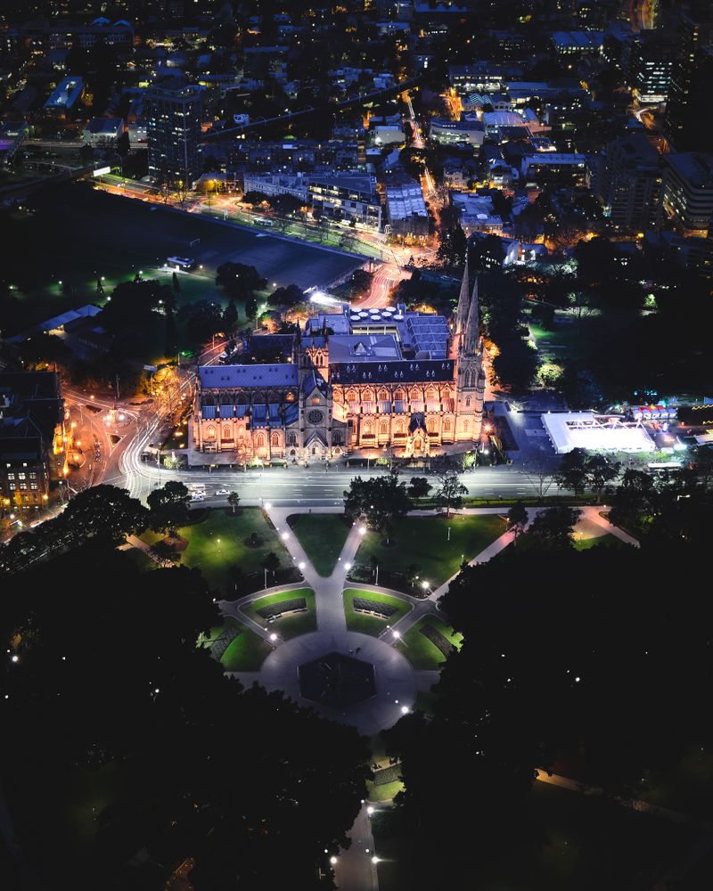 High-angle view of St Mary's Cathedral at night in Sydney, Australia