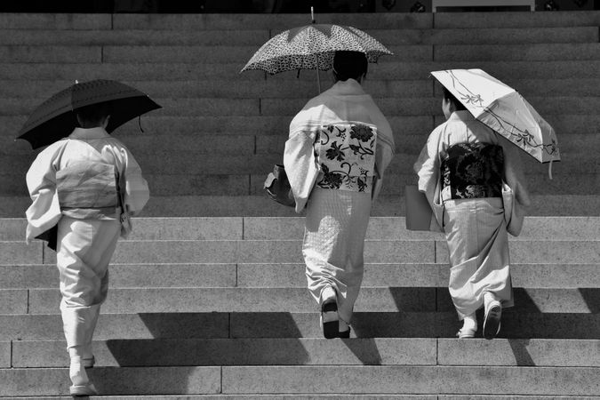 Back view of women in kimonos holding umbrellas and climbing an outdoor staircase in grayscale