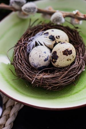 Easter table setting with close up of decorative nest and eggs