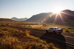 Sunrise road trip drive in Yellowstone National Park