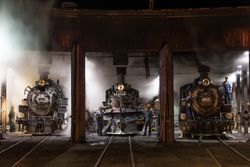 Historic steam locomotives in roundhouse in Durango, Colorado 25nLZb