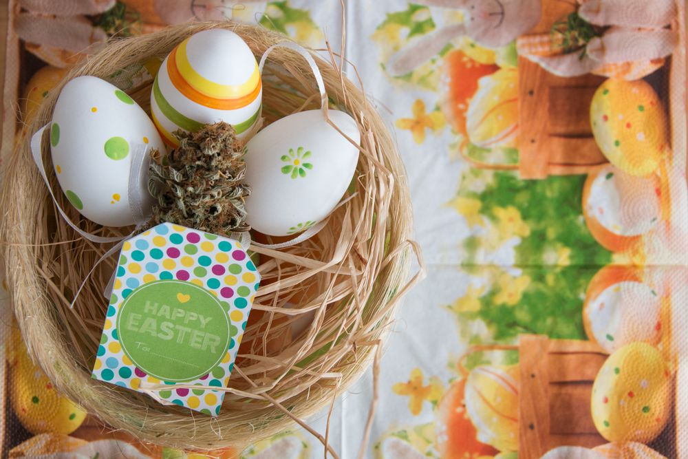 Top view of nest with decorated Easter eggs and dried bud