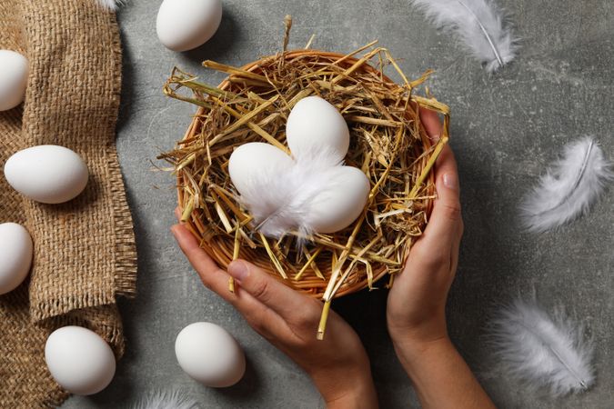 Concept of natural farm product - eggs, top view