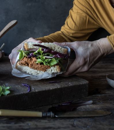 Hands with sandwich with vegetables and pate on tray