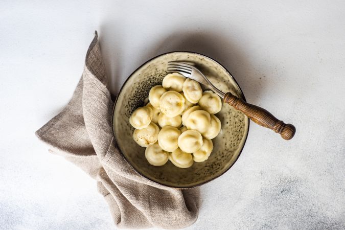 Top view of comforting bowl of traditional Russian dumplings