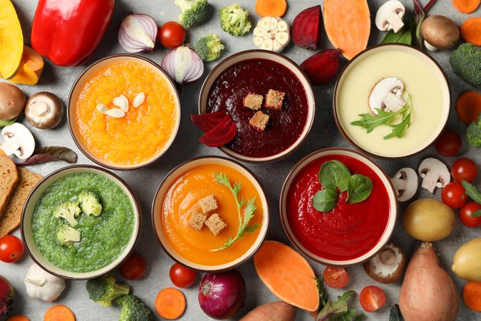 Multi-colored soups with vegetables