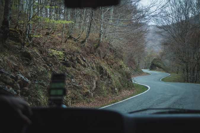 View of inside car empty road in countryside