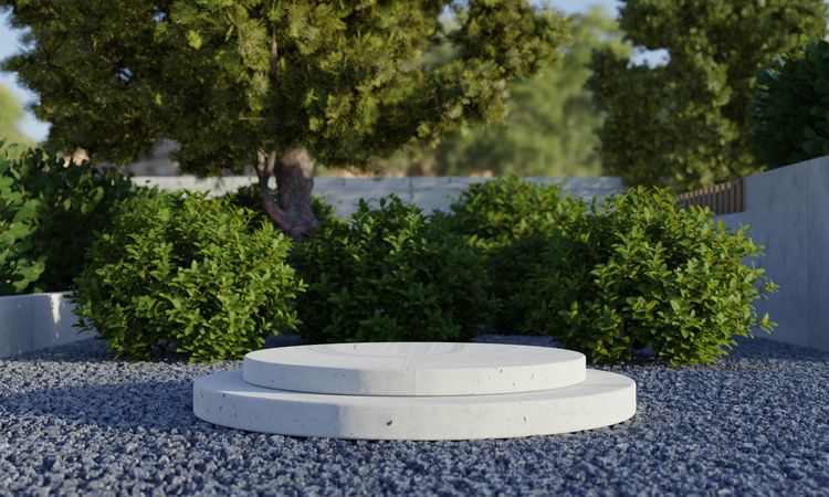 Backyard with trees and cement podium