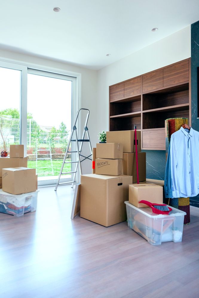 Living room with moving boxes