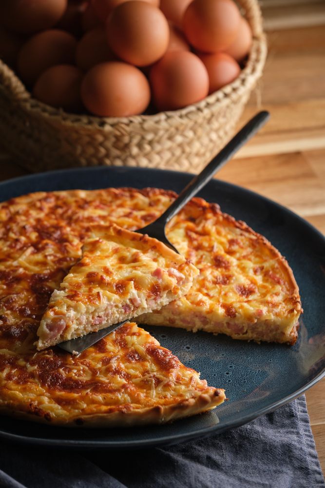 Plate with quiche near basket of eggs