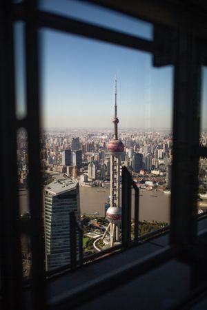 City skyline of Lujiazui, Pudong, Shanghai, China through the window