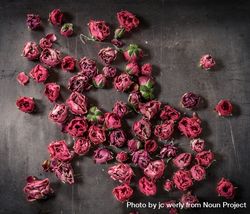 Dried red rose heads on table 4BrWk4
