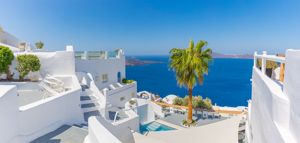 Palm tree in holiday villa in Santorini, wide
