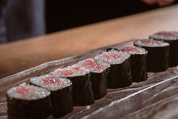 Delicious pieces of sushi with rice and fresh bluefin tuna