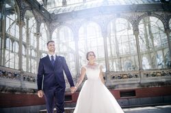 Newly weds having fun near vintage building