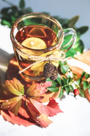 Autumnal tea with lemon and decorative pine cones and leaves