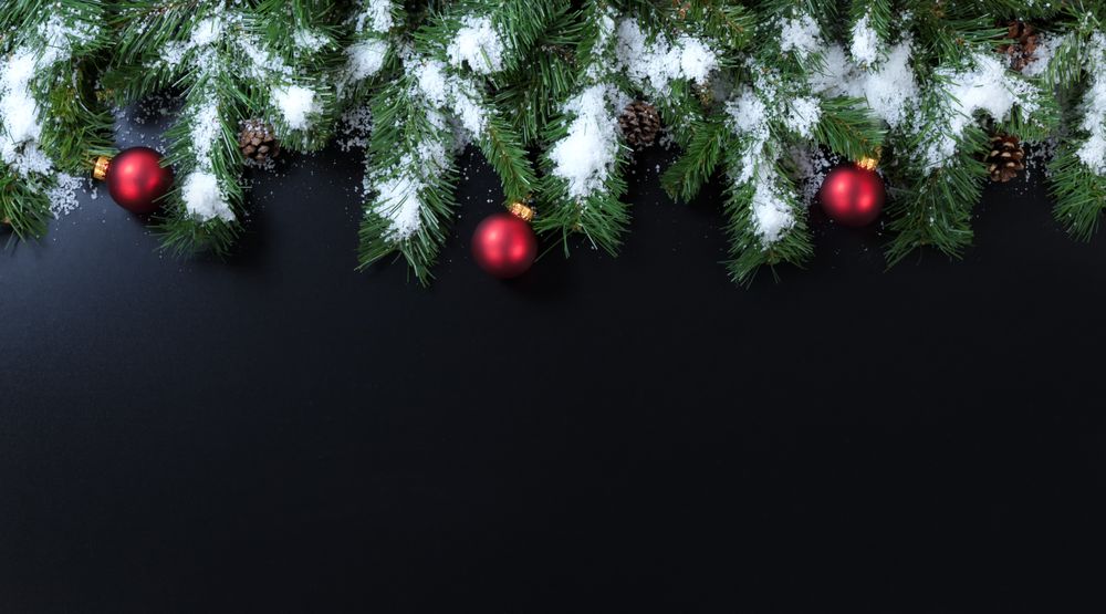 Snowy Christmas branches with red ornaments