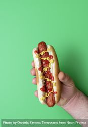 Male hand holding hot dog over green background 0JQPnb