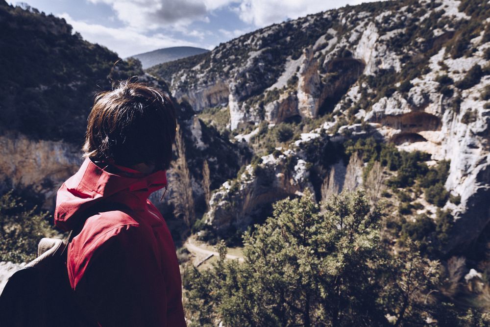 Person looking at picturesque view of canyon between mountains