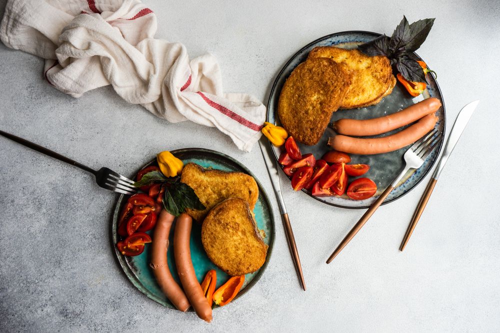 Top view of sausage dinner on a plate