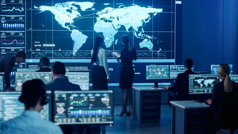 Multicultural Team in a High-tech Control Room Monitors Global Data on Large Screens, Focusing on Cybersecurity and Network Efficiency.