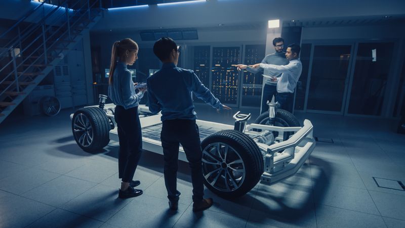 Team of Automotive Engineers Discussing and Designing Electric Car Platform Chassis Prototype, Taking Measurements