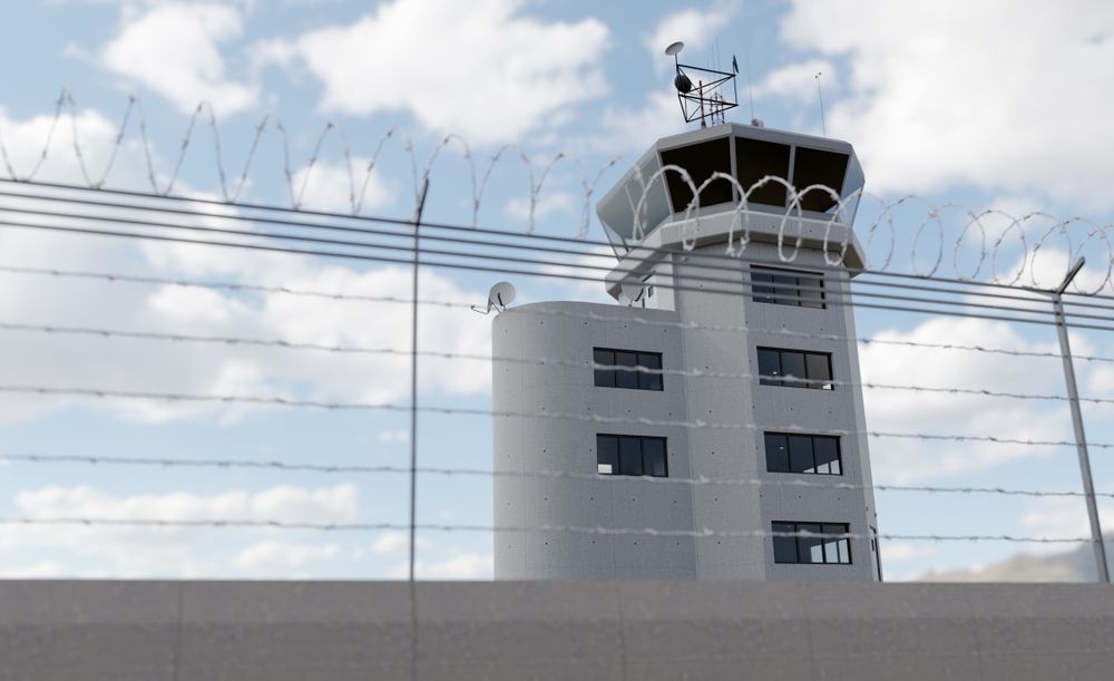Air Traffic Control Tower Behind Barbed Wire Fence.