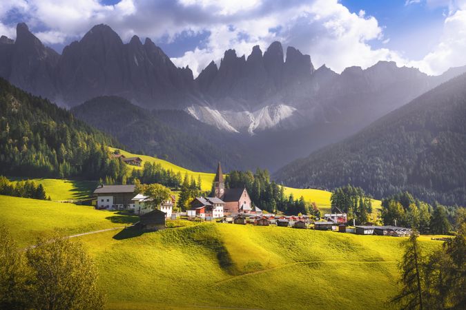 Dolomites Alps, Santa Magdalena view and Odle mountains in Funes Valley, Italy.