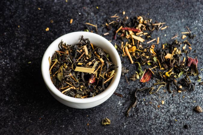 Loose leaf tea in bowl on counter