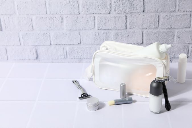 Bath accessories, toilet bag, space for text