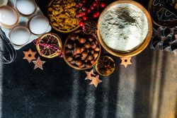 Top view of ingredients in bowls before baking cookies