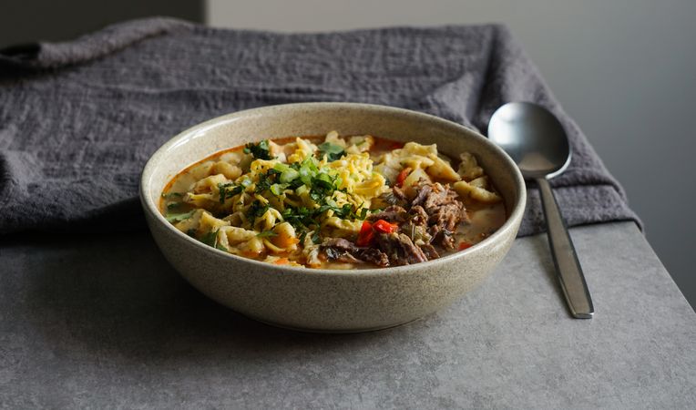 Manpar soup with pasta, traditional soup of  middle asia