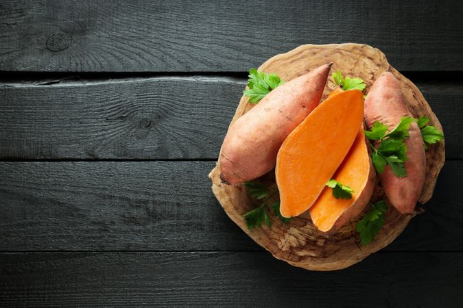 Concept of vegetables, sweet potato, space for text