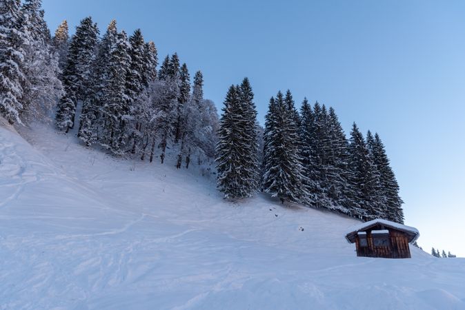 Alpine cottage covered in deep snow in the Bavarian Alps, Germany