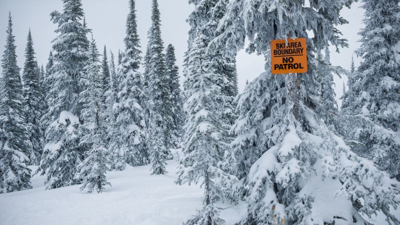 Sign with ski area boundary and fir trees in snow