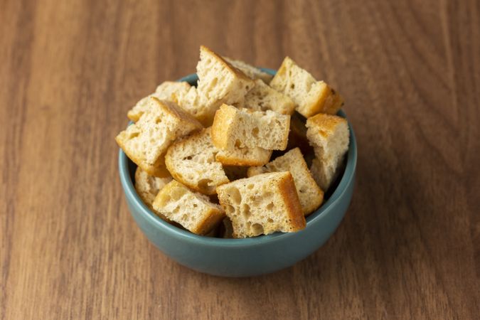 Delicious crunchy croutons on the table.