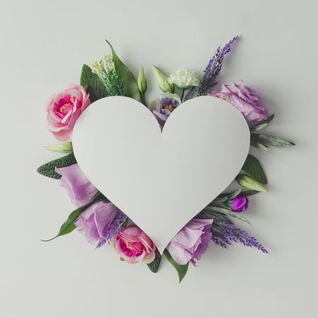 Colorful flowers, leaves and  paper heart