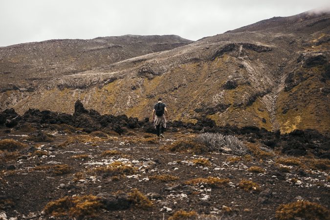 Anonymous tourist walking amid cliffs at New Zealand