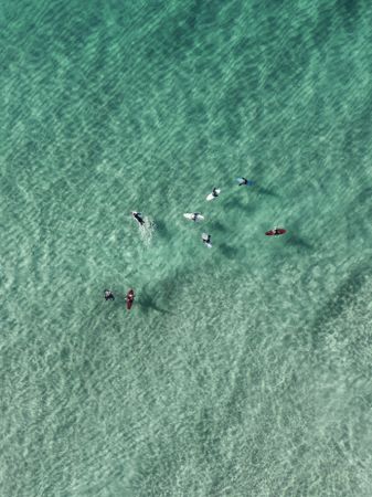 Top view of professional surfers in the beautiful ocean water