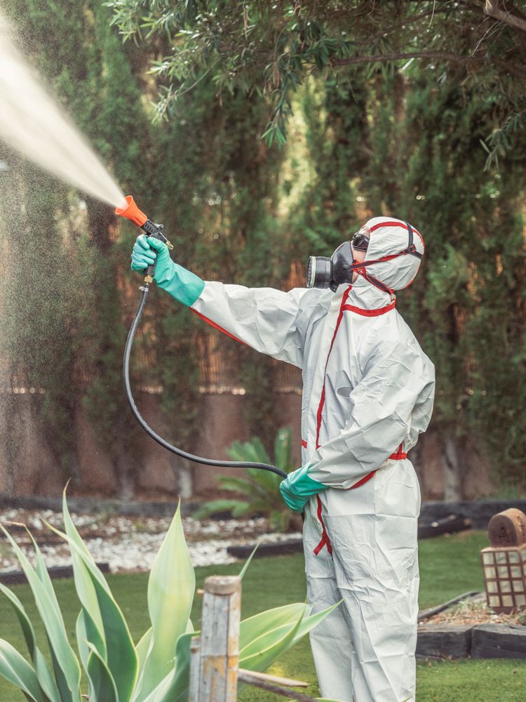 Fumigator in uniform spraying substance on garden