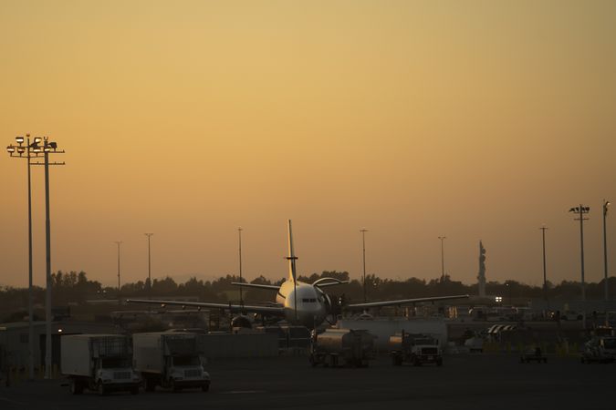 Landed airplane in airport preparing for takeoff