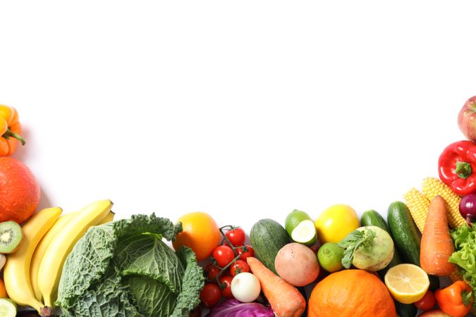 Composition with ripe vegetables and fruits isolated. Top view