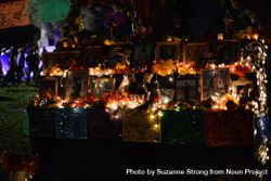 Altar at Day of the Dead event with photos of loved ones and marigolds beAyPb