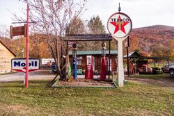 A vintage gasoline station display at a tourist-cabin site in Seneca Rocks, West Virginia